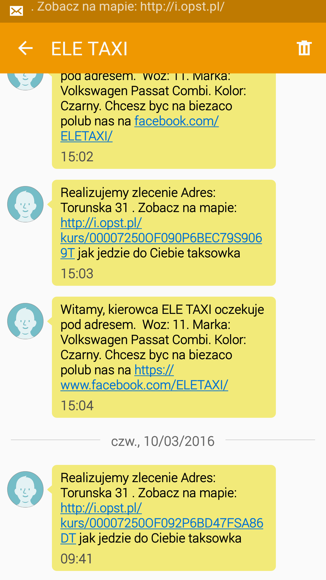 Ele Taxi - screen z powiadomień SMS o lokalizacji taxi