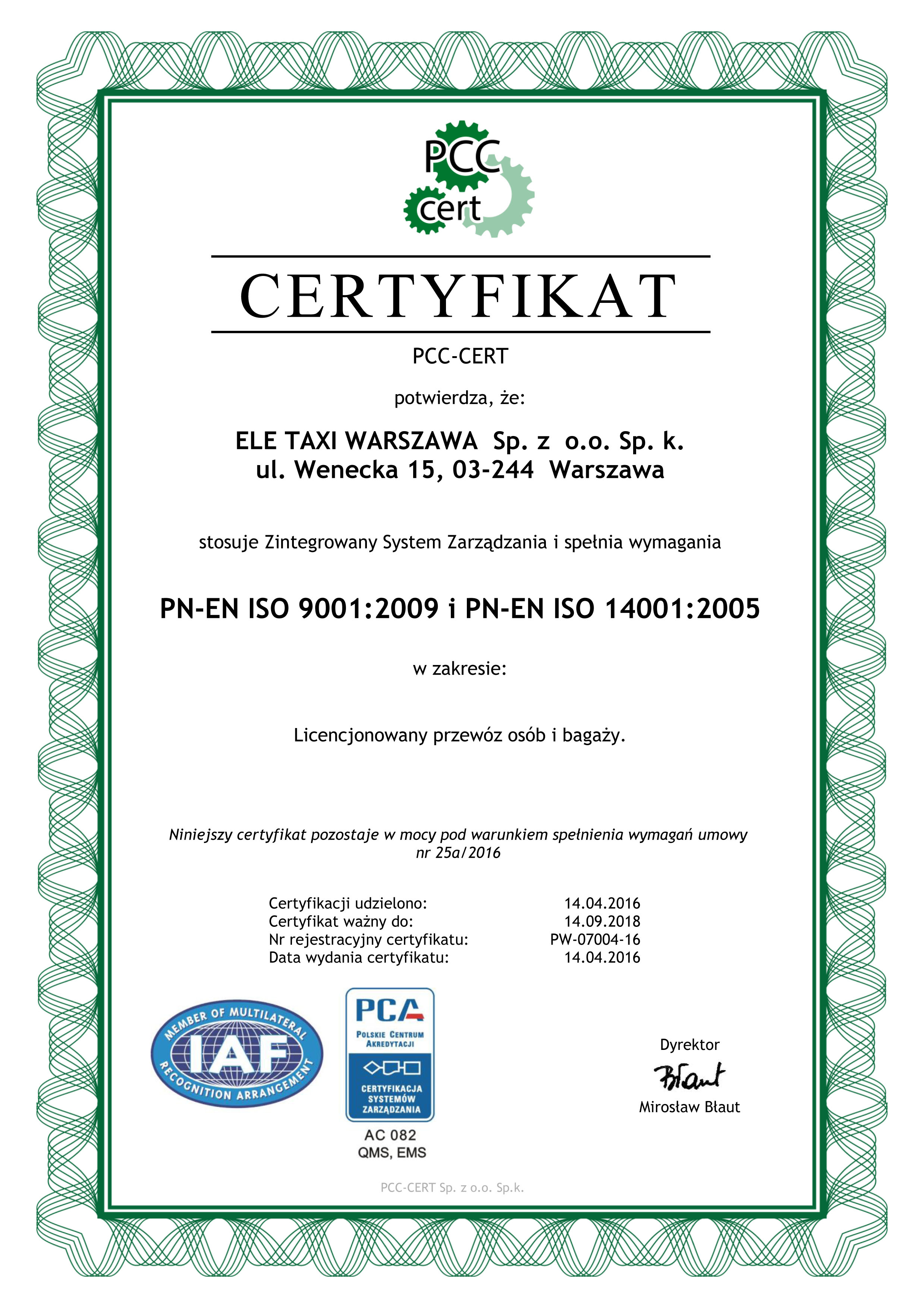 Ele Taxi - certyfikat ISO od PCC-CERT