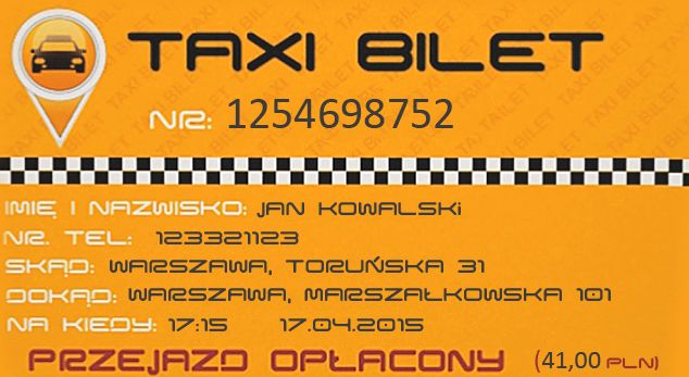 Ele Taxi - wypełniony bilet TAXI